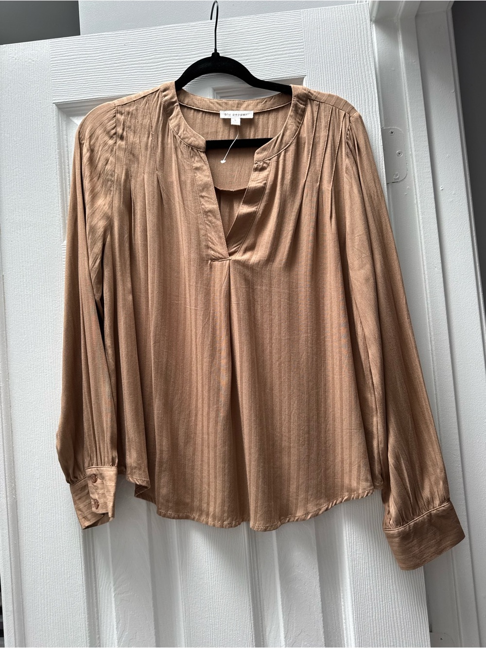 New Blu Pepper Textured Tan Long-Sleeve V-Neck Blouse